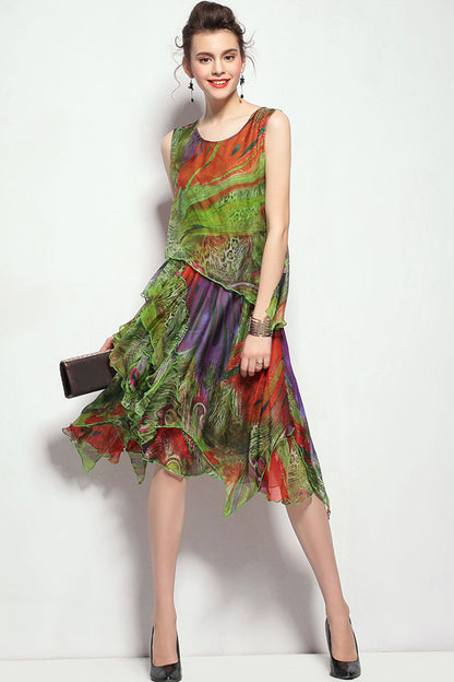 Round Collar Colorful Printed Chiffon Flare Dress