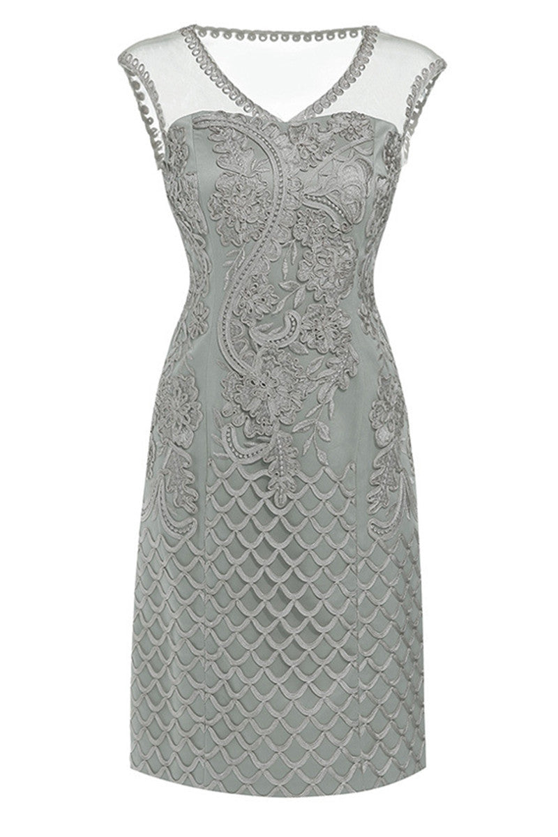 V Neck Sheer Mesh  Floral And Scale Embroidery Slim Dress