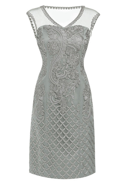 V Neck Sheer Mesh  Floral And Scale Embroidery Slim Dress