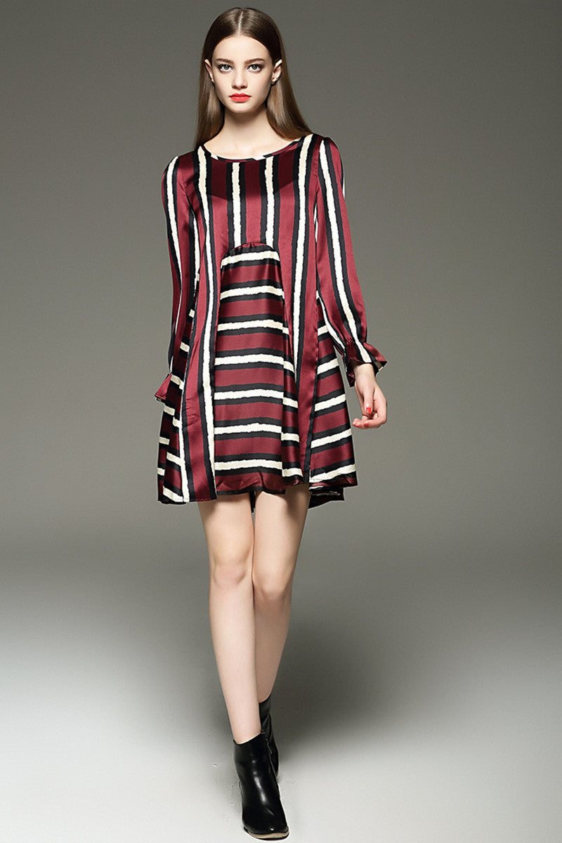 Multi Wide Stripe With Elastic Sleeve Dress