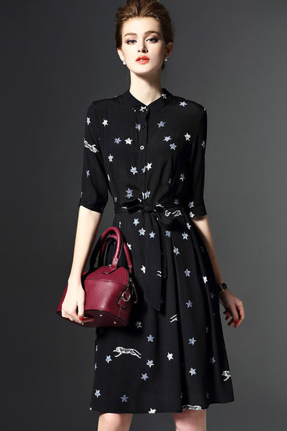 Stand Collar Slim Waist Line Short Sleeve Midi Dress With Belt