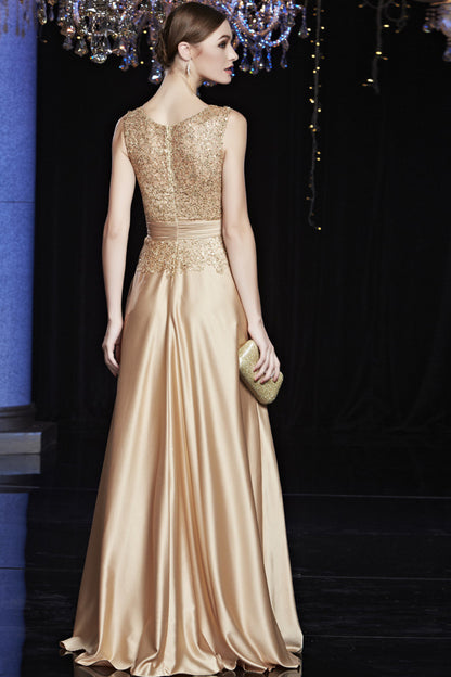 Champagne Sequin Peplum Top Maxi Satin Party Dress