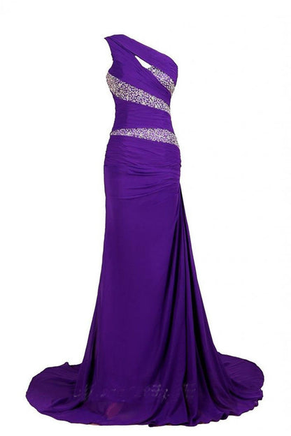 One Shoulder Beaded Slim Backless Floor Length Evening Gown Dress
