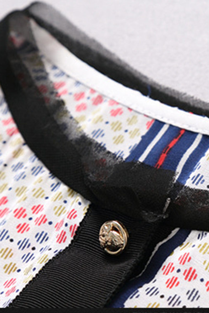 Round Collar Pope Pattern Mesh Patch Lacing Waist Dress