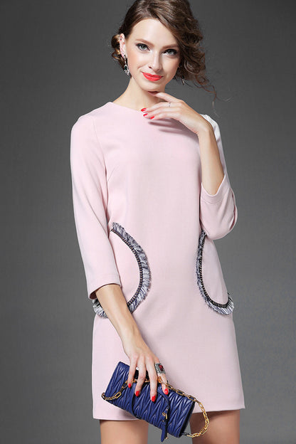 WOMEN'S BLACK 3/4 SLEEVE ROUND NECK SHORT DRESS