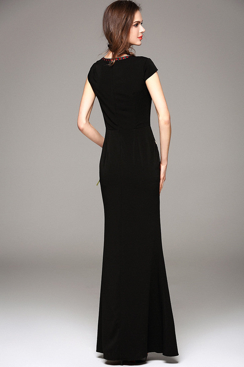 Hollow-Out V Neck Front Slit Embroidery Long Dress