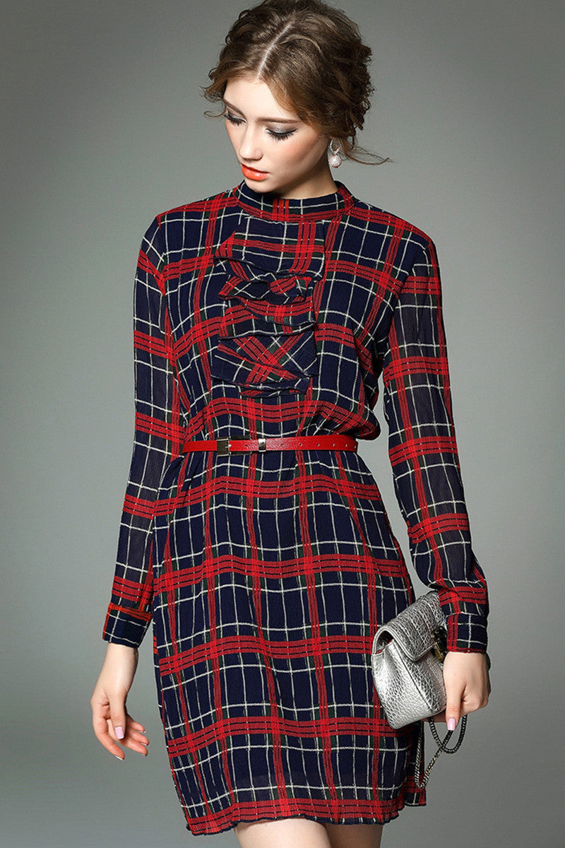 Round Collar Scottish Plaid Print Slim Dress With Belt