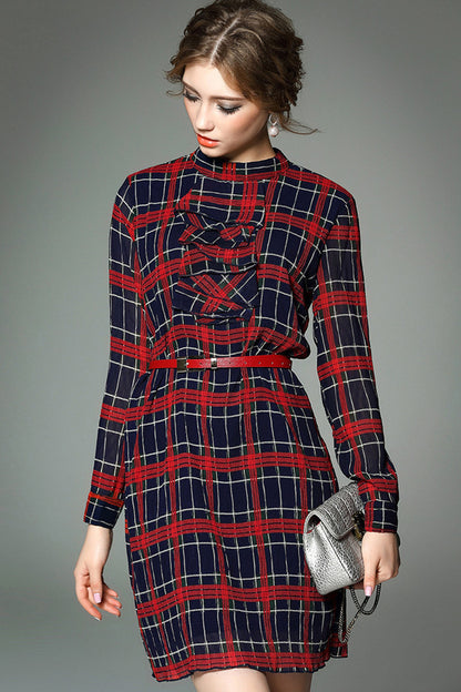 Round Collar Scottish Plaid Print Slim Dress With Belt