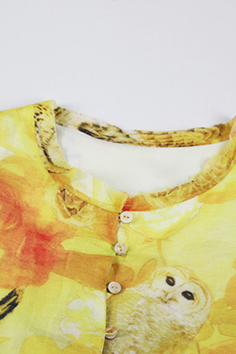 Round Collar Owl  And Tie-Dye Print Linen Irregular Dress