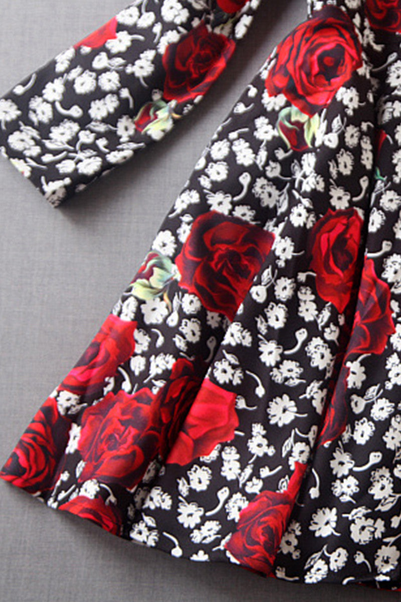 3/4 Sleeve Rose Floral Flared Dress