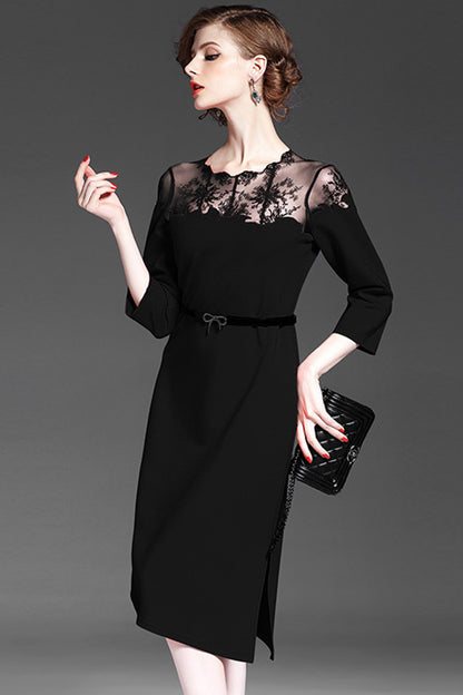 women's elegant 3/4 sleeve wear to work lace neck dress
