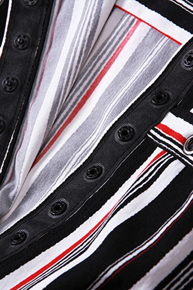 1 Women's Polo Neck Shirt Short Sleeve Slim Stripe Skirt With Belt Suit - NJOYDRESS - 4