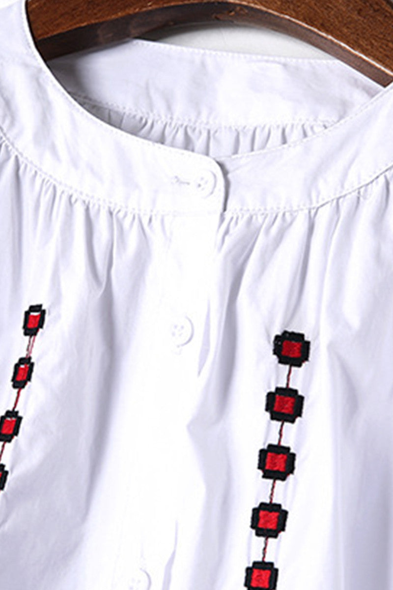 Lattern Sleeve FloraL Embroidery Full Dress With Belt