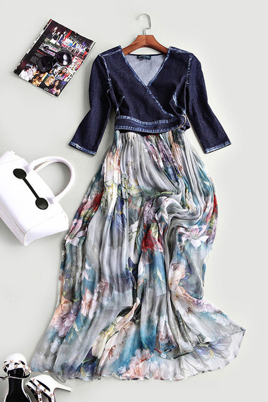 V Neck Waist Lacing Denim Top Patch Chiffon Dress - NJOYDRESS - 1