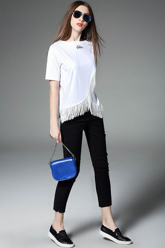 Casual Slim Short Sleeve With Tassels Two Ways Wear Tops