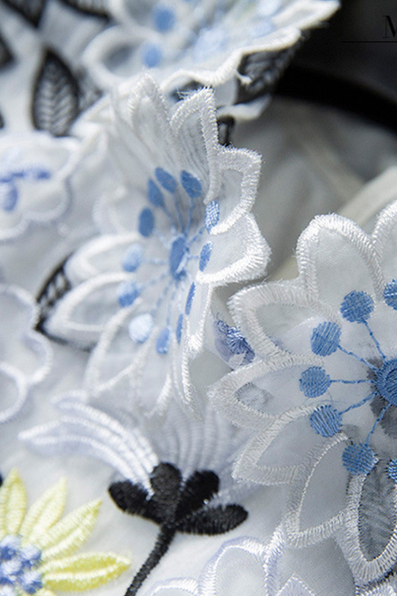 Stand Collar Petal Flowers Embroidered Mesh Patch Shirring Waist Dress