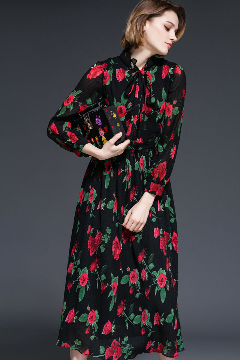 Bowknot Lacing Neck Roses Printing Swing Dress - NJOYDRESS - 2