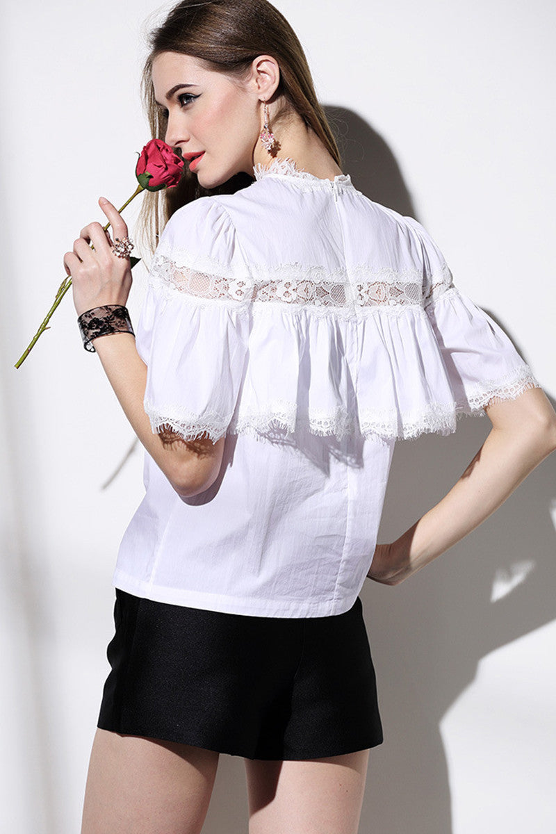 Fashion Lace Round Neck Hollow-Out Falbala Shirt