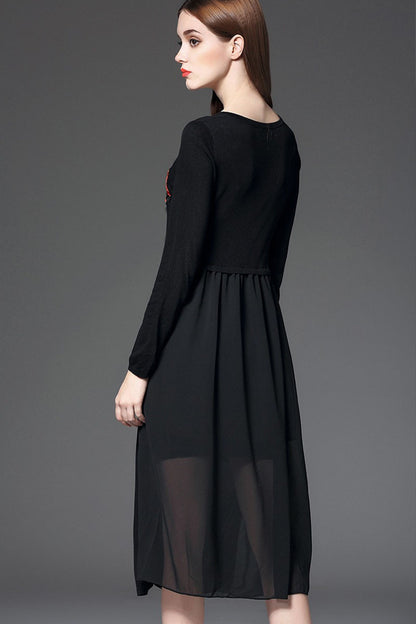 Round Collar Embroidered Flowers Button  Knit Midi Dress