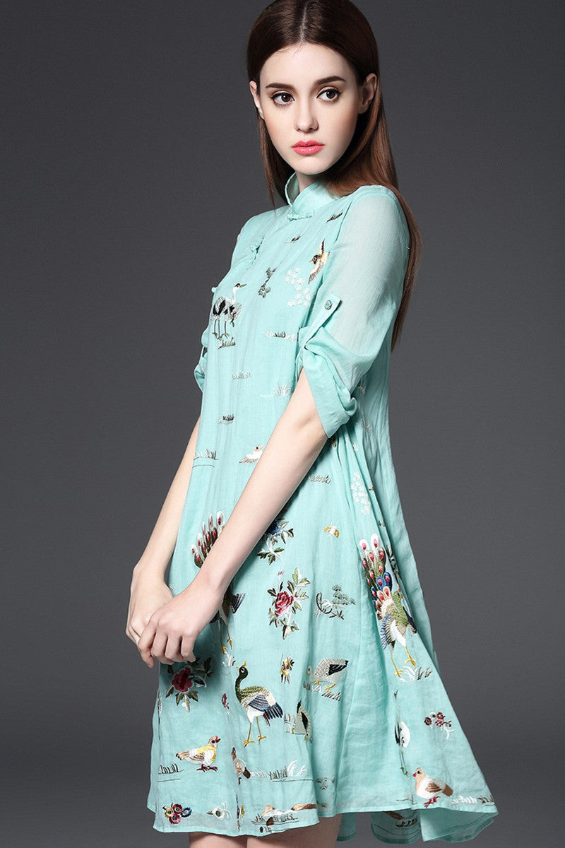 Stand Collar Chi-Pao Button Animals Embroidery Loose Flare Dress