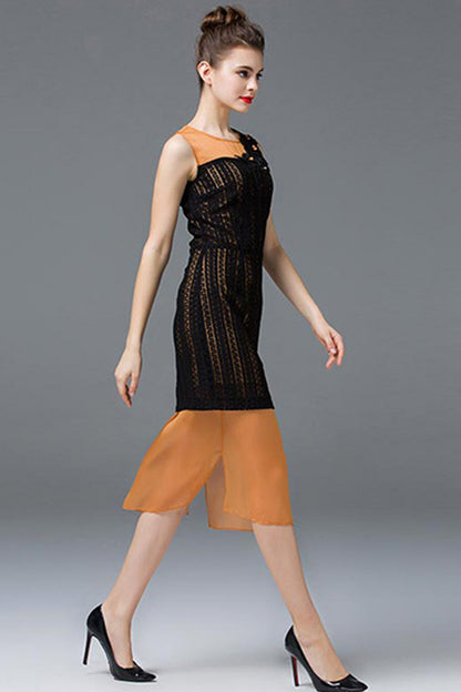 Casual Lace Chiffon Sheer Mesh Round Neck Midi Dress