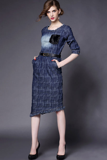 Washed Denim Raw Edge Elegant Dress