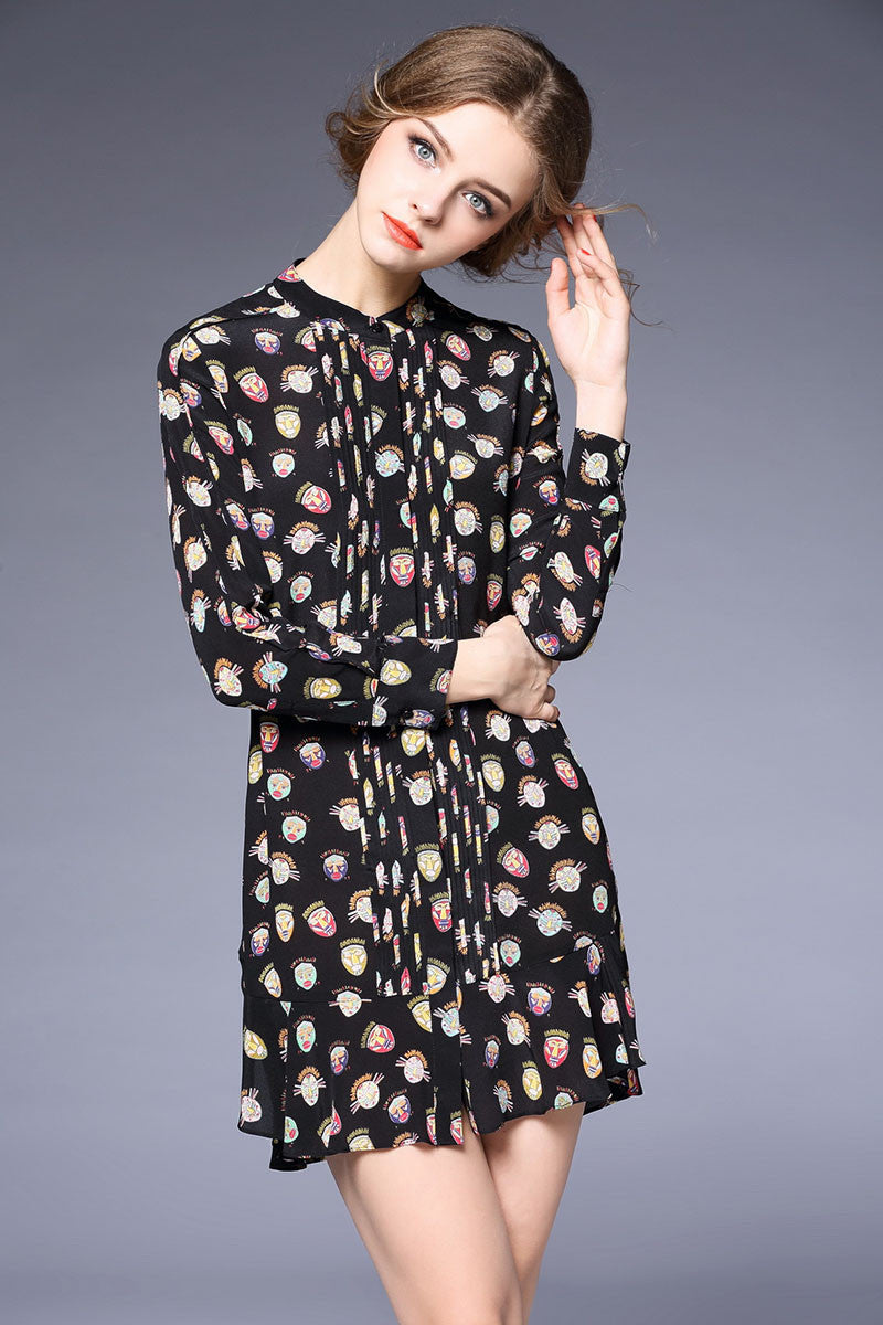 Round Collar Cartoon Pattern Pleat  Loose Dress - NJOYDRESS - 1