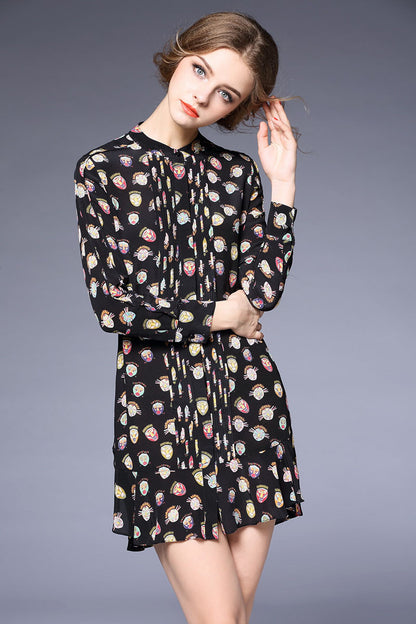 Round Collar Cartoon Pattern Pleat  Loose Dress - NJOYDRESS - 1