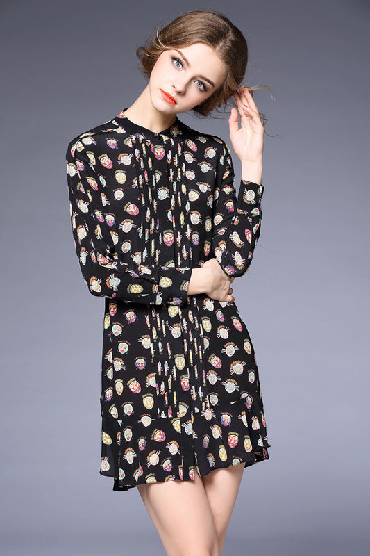 Round Collar Cartoon Pattern Pleat  Loose Dress - NJOYDRESS - 1