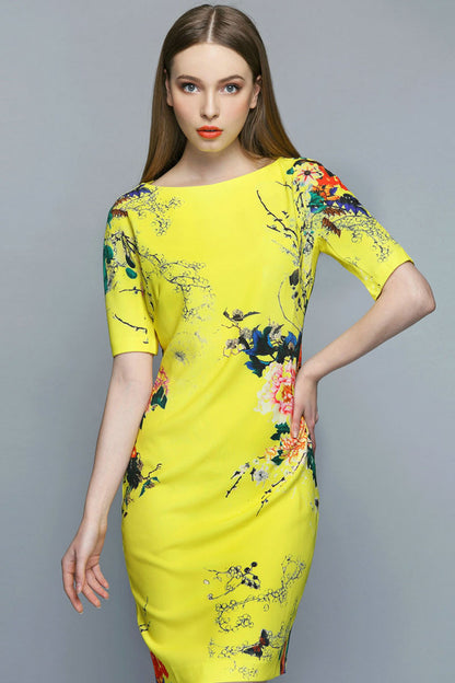 Boat Neck Floral Printed Back Slit Bodycon Dress