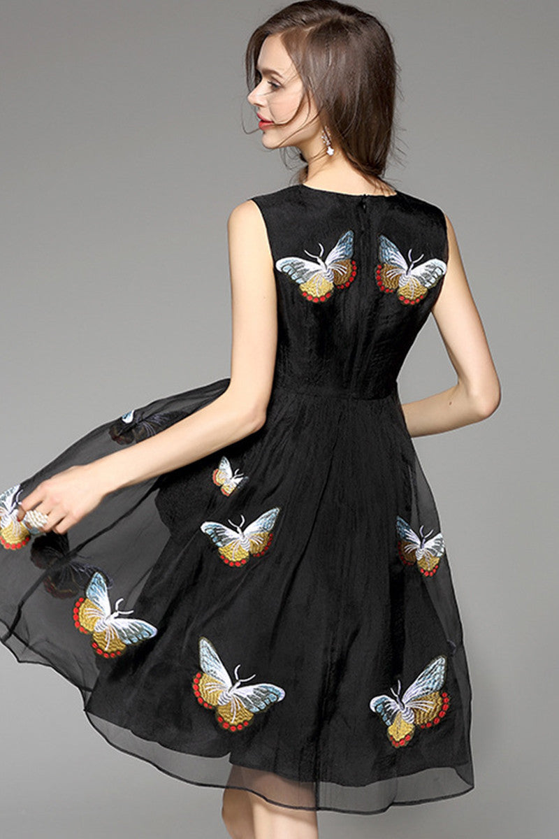 Butterfly Embroidered Little Black Cocktail Dress