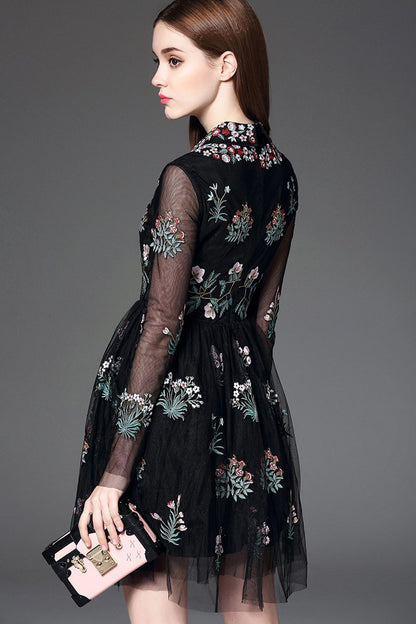 Lapel Neck Embroidered Flowers Sheer Mesh Dress
