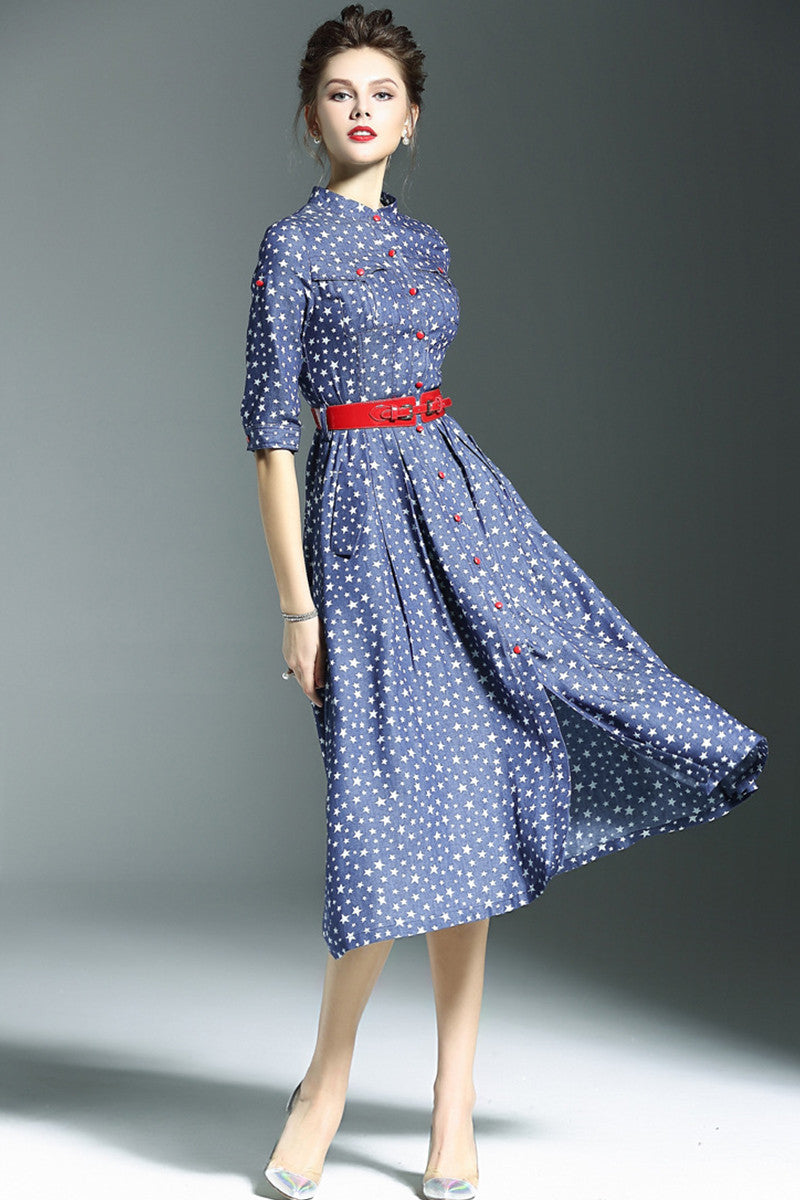 Grace Stand Collar Starry Sky Casual Midi Dress