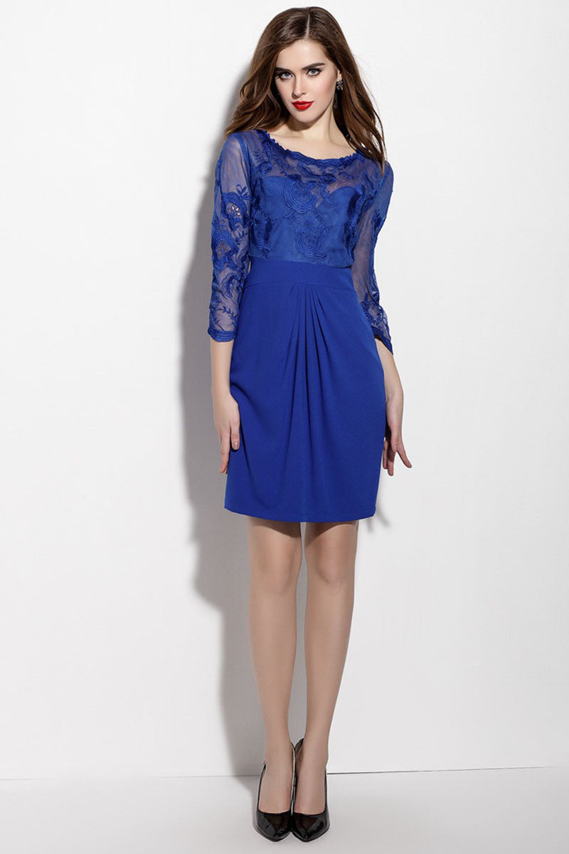 Round Collar See Through Lace Embroidery Runched Dress - NJOYDRESS - 1