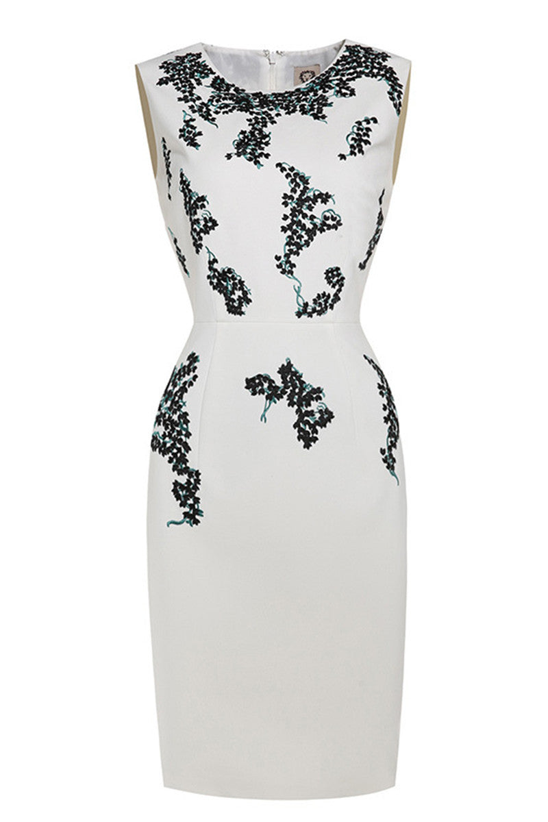 Round Collar Sleeveless Floral Embroidery Slim Dress