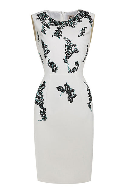 Round Collar Sleeveless Floral Embroidery Slim Dress