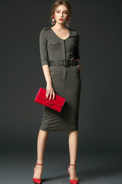 FORMAL V NECK ELEGANT WEAR TO WORK HALF SLEEVE MIDI DRESS WITH BELT