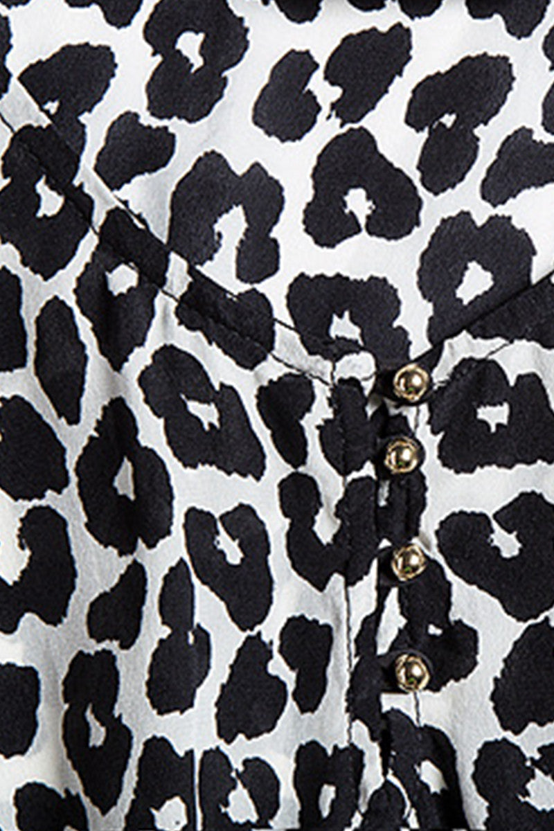 Smoking Waist Band Leopard Pattern Short Flared Dress