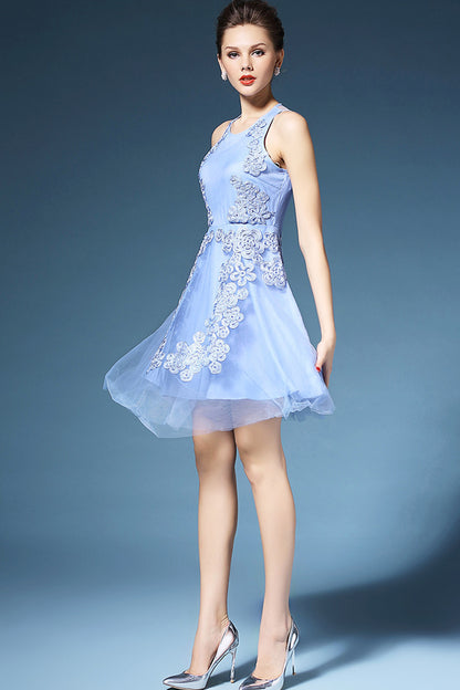CHIFFON FLOWER EMBROIDERY A-LINE ROUND NECK SLEEVELESS COCKTAIL DRESS