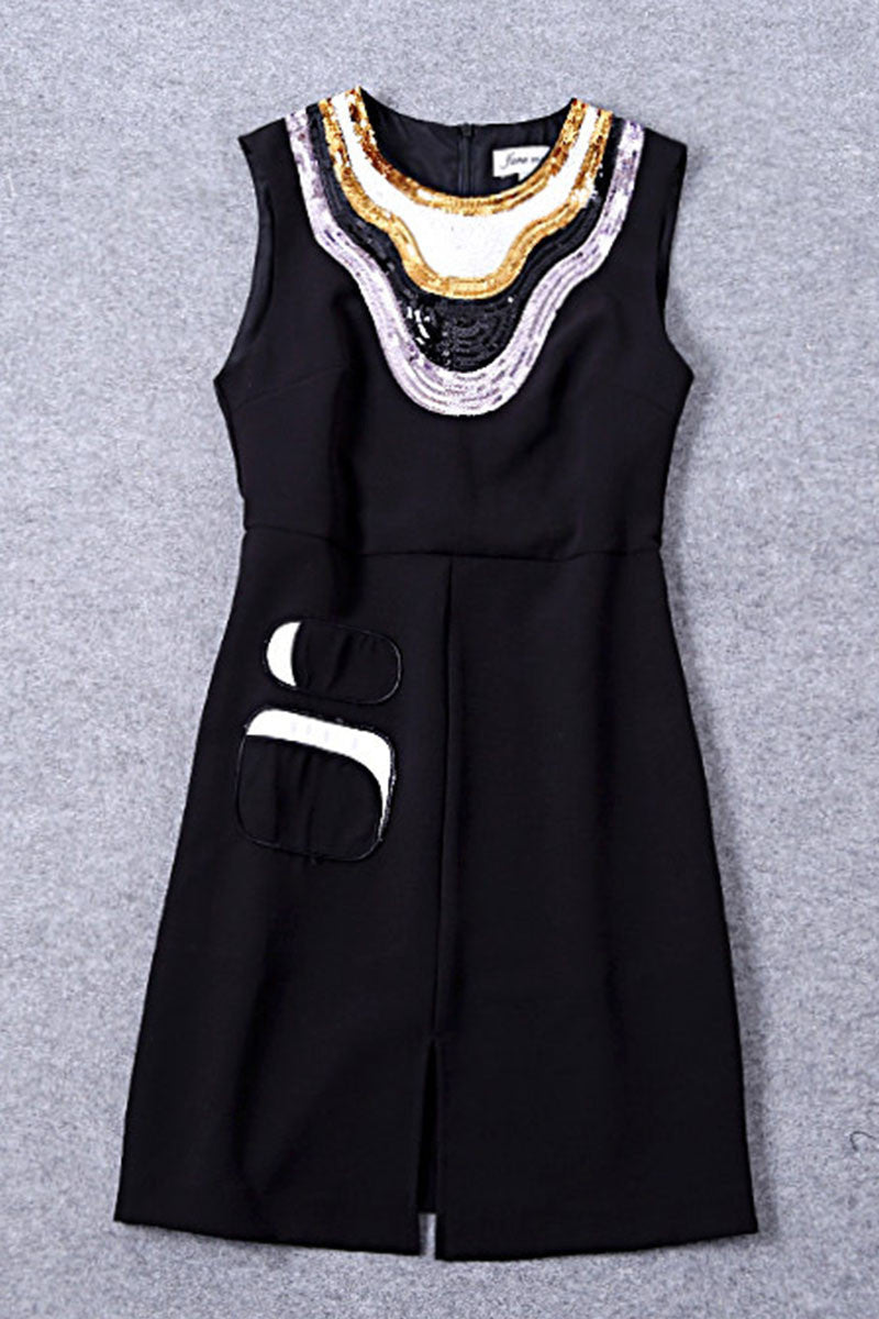 WOMEN'S CASUAL ROUND NECK SLEEVELESS WAISTLINE SEQUIN SHORT DRESS