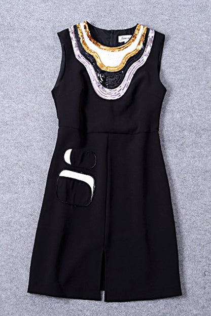 WOMEN'S CASUAL ROUND NECK SLEEVELESS WAISTLINE SEQUIN SHORT DRESS