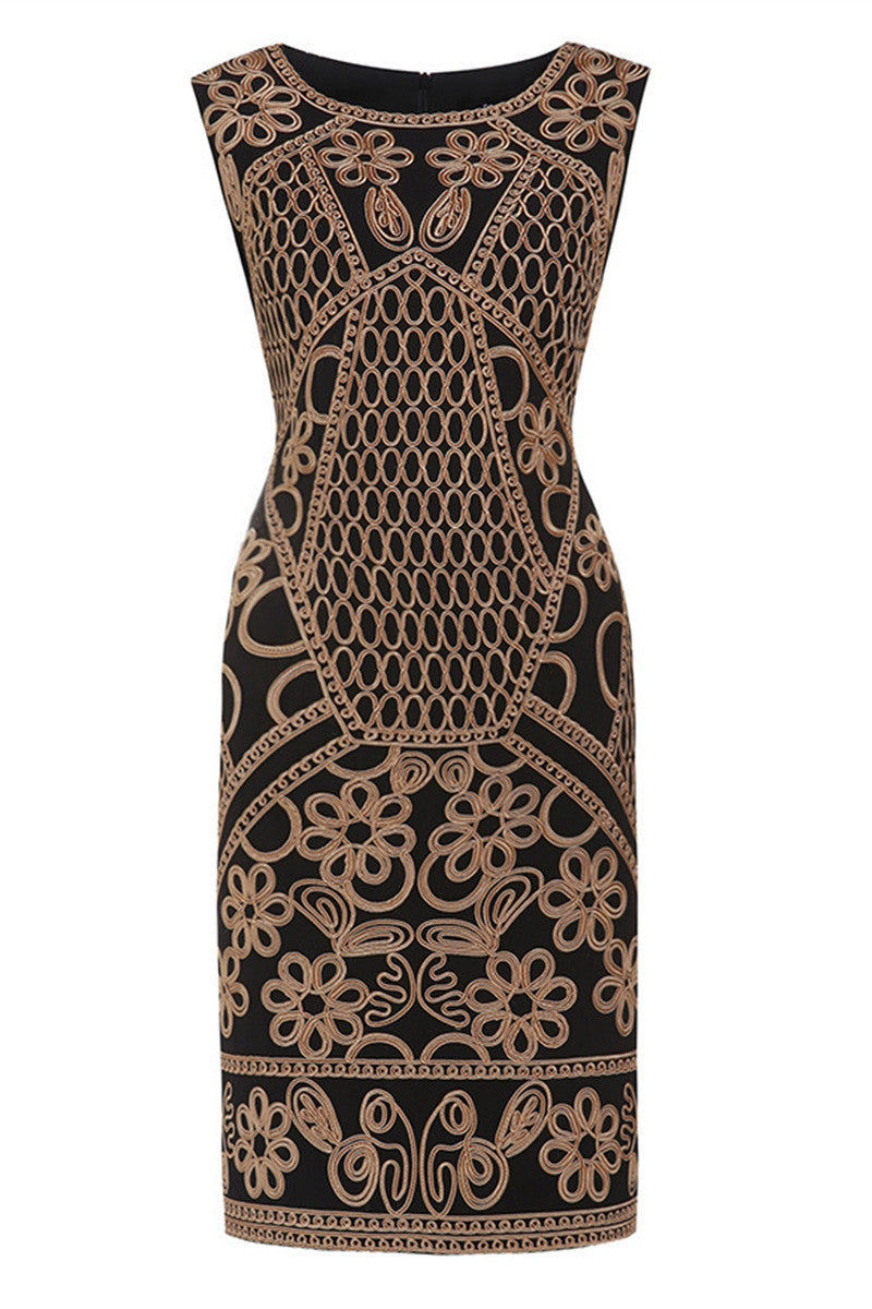 Round Collar  Embroidery Slim Wrap  Dress