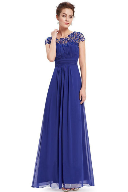 Boat Neck Lace AppliqueHollow-Out Back Empire Waist Tulle Gown Long Dress