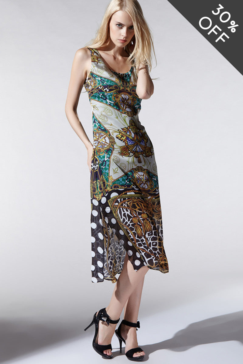 [30% OFF TILL 7 APR] Casual Slim V Neck Vintage Printed Midi Dress