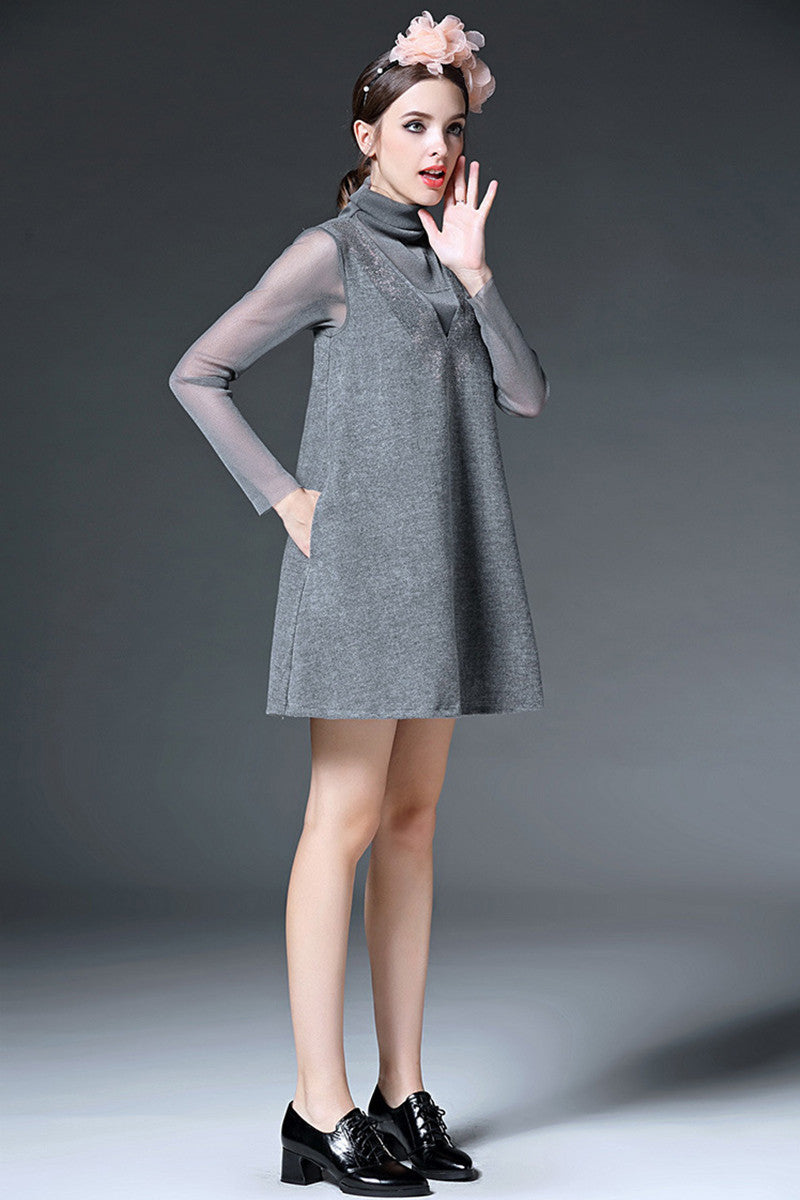 Little High Neck See Through Mesh Rhine-Stone Decoration Dress - NJOYDRESS - 2