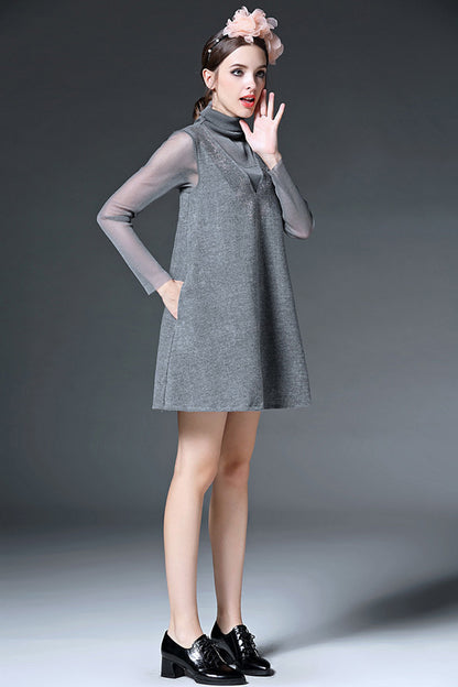Little High Neck See Through Mesh Rhine-Stone Decoration Dress - NJOYDRESS - 2