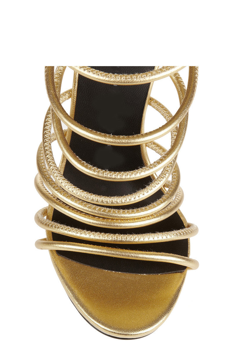 Open Toe Gold Strappy Zip Caged Heels