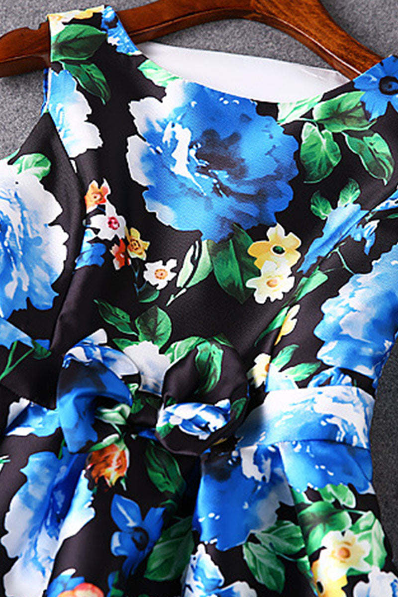 WOMEN'S PRINT AND FLORAL SLEEVELESS BOAT NECK MIDI DRESS