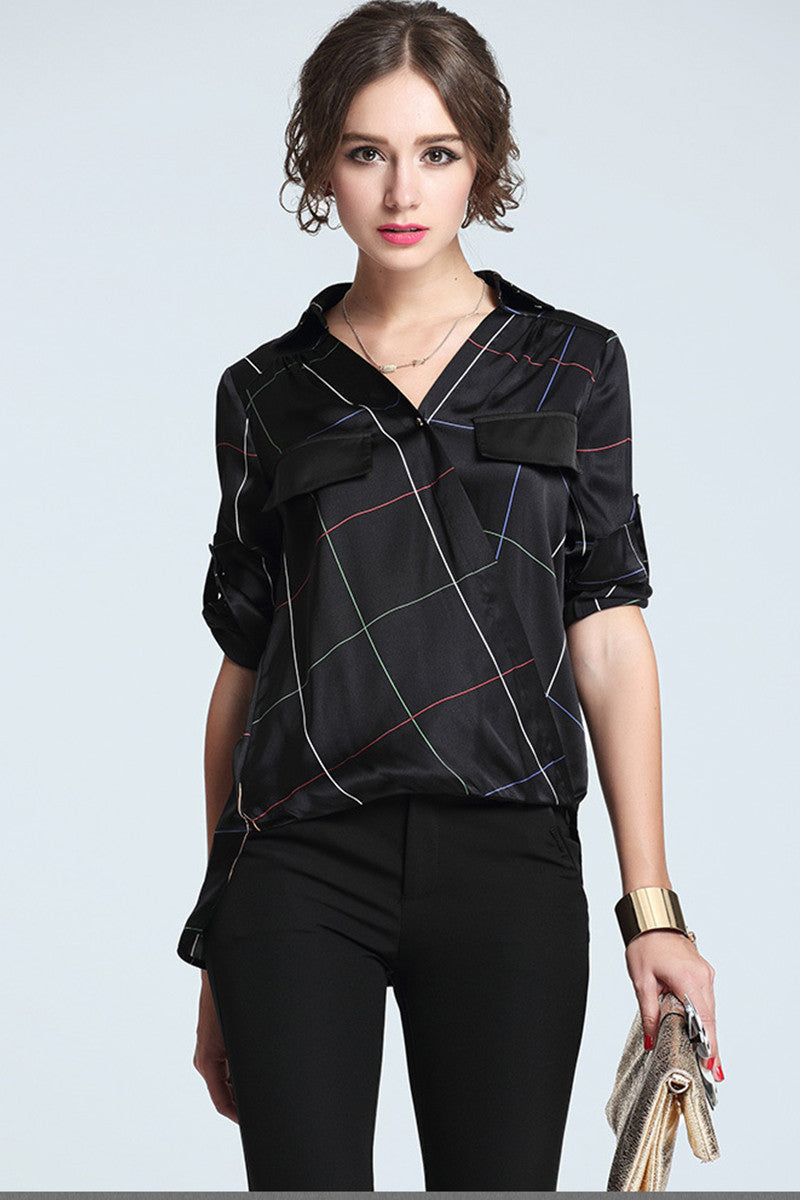 Slit Lapel Neck Cross Line Print Slim Blouse