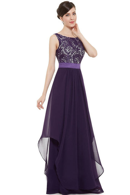 Round Collar Lace Applique Empire Waist Backless Flare Hem Tulle Gown Dress